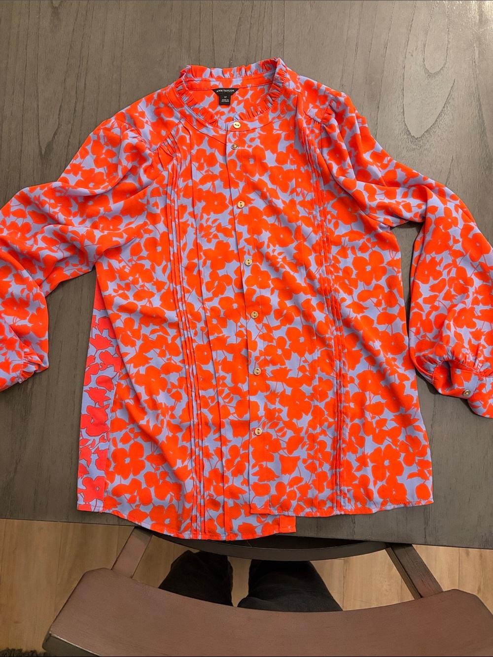 Ann Taylor Orange and Light Purple Floral Pintuck Blouse